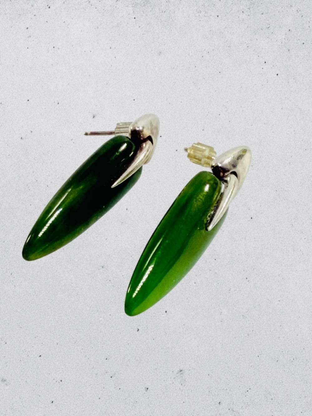 Sterling Silver 925 Nephrite Green Jade Earrings Long Narrow Dangle Stud Signed